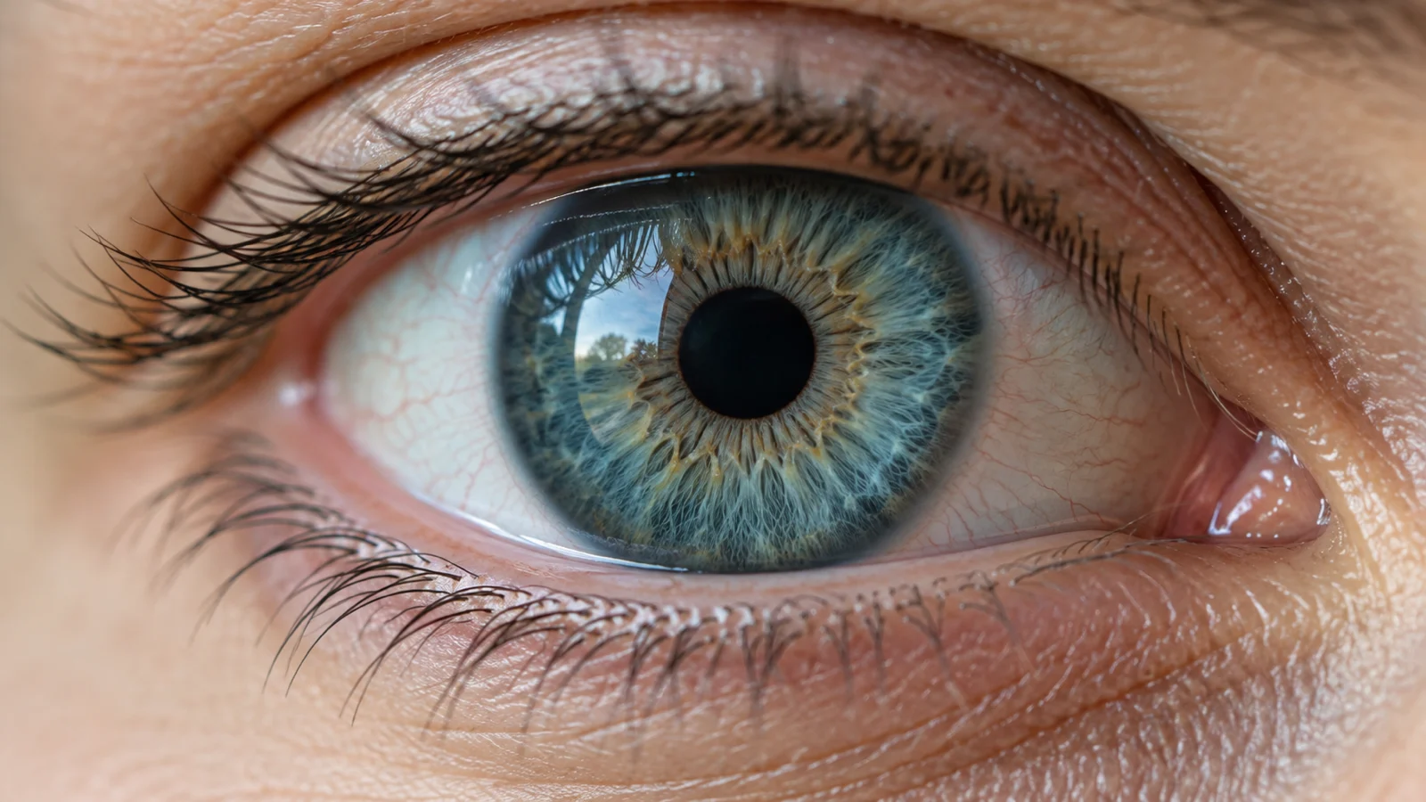 Extreme close-up of a healthy blue-green human iris and eyelashes