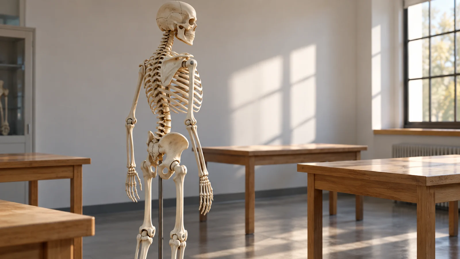 Articulated human skeleton in a quiet sunlit anatomy teaching room