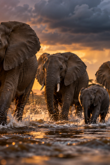 African elephant family splashing across a river at golden hour
