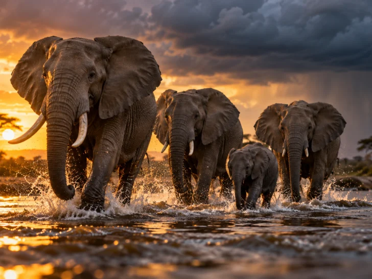 African elephant family splashing across a river at golden hour