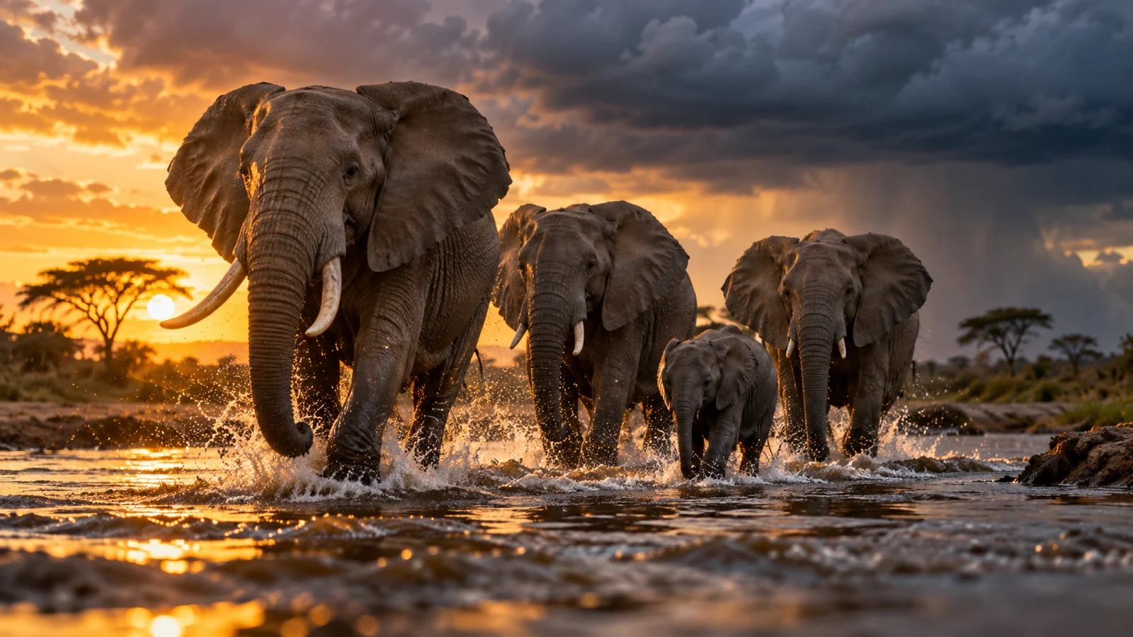 African elephant family splashing across a river at golden hour