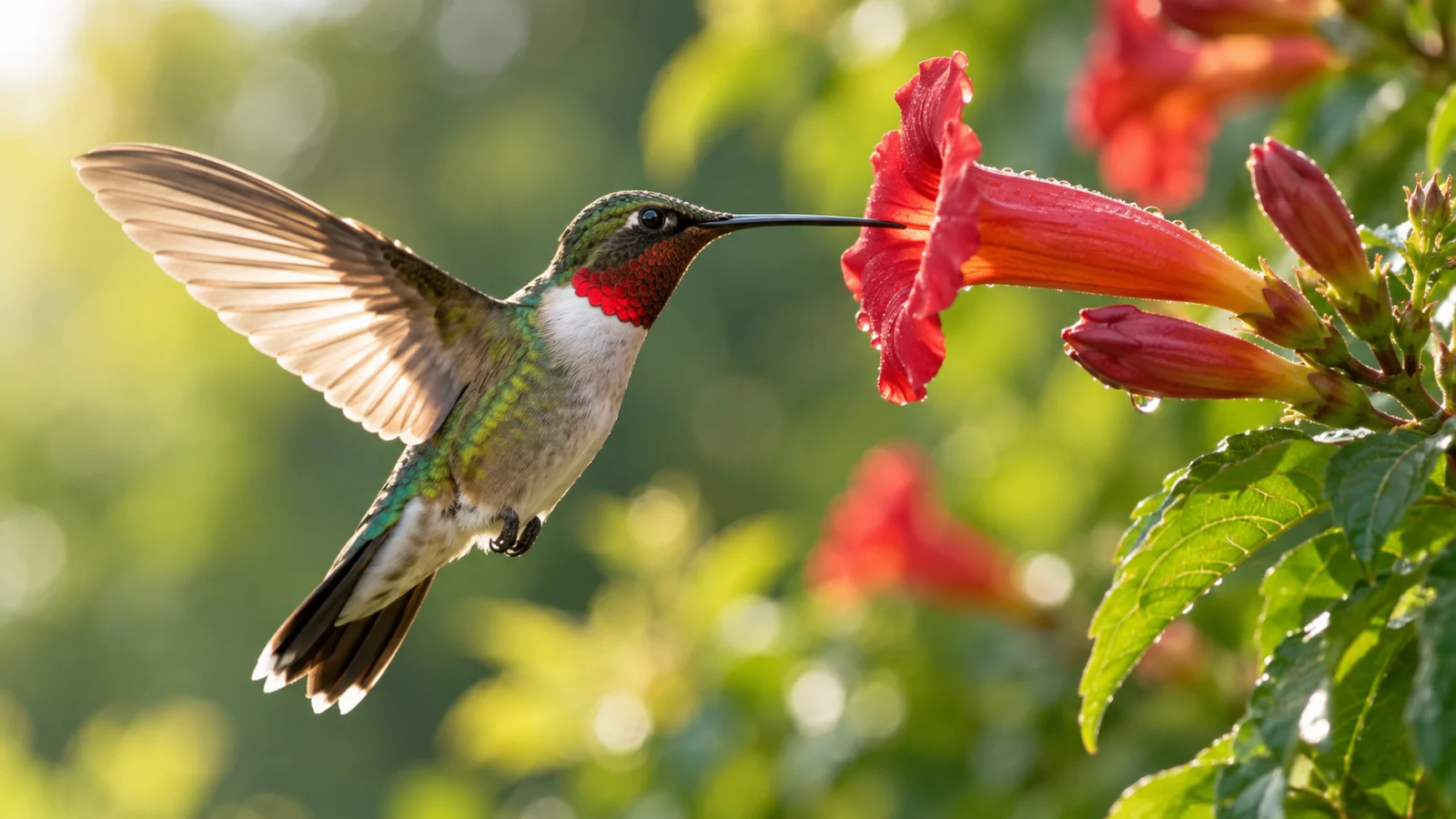 Ruby-throated hummingbird hovering beside red trumpet flowers