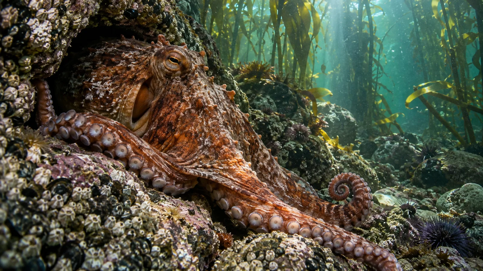 Giant Pacific octopus emerging from a rocky kelp-forest den