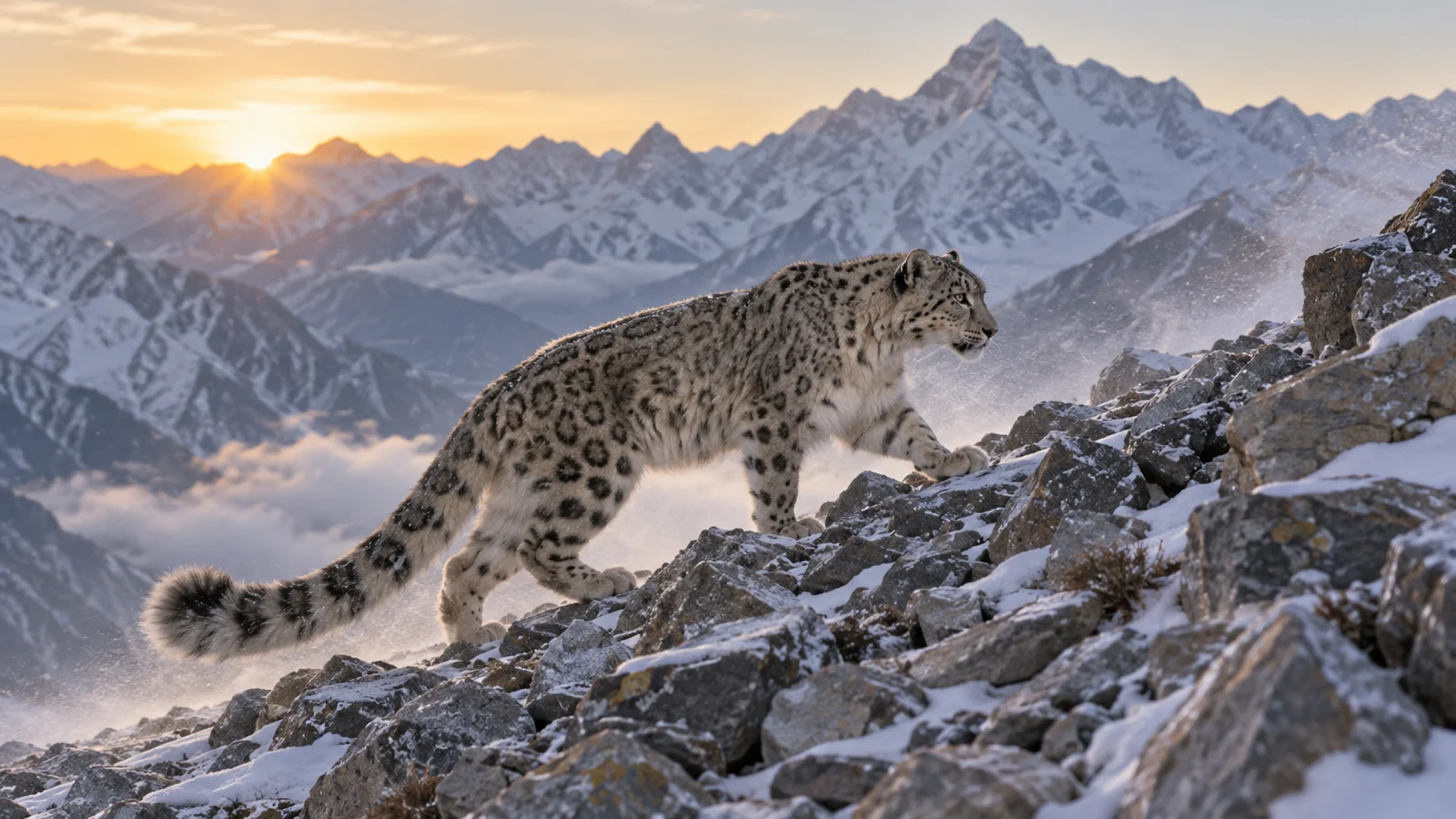 Snow leopard crossing a steep Himalayan slope at dawn