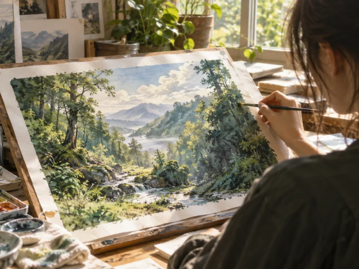 Artist painting an original forest animation background
