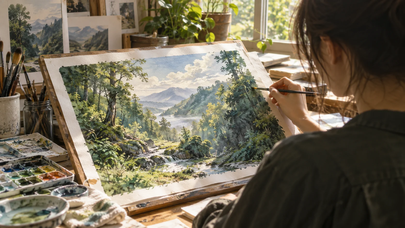 Artist painting an original forest animation background