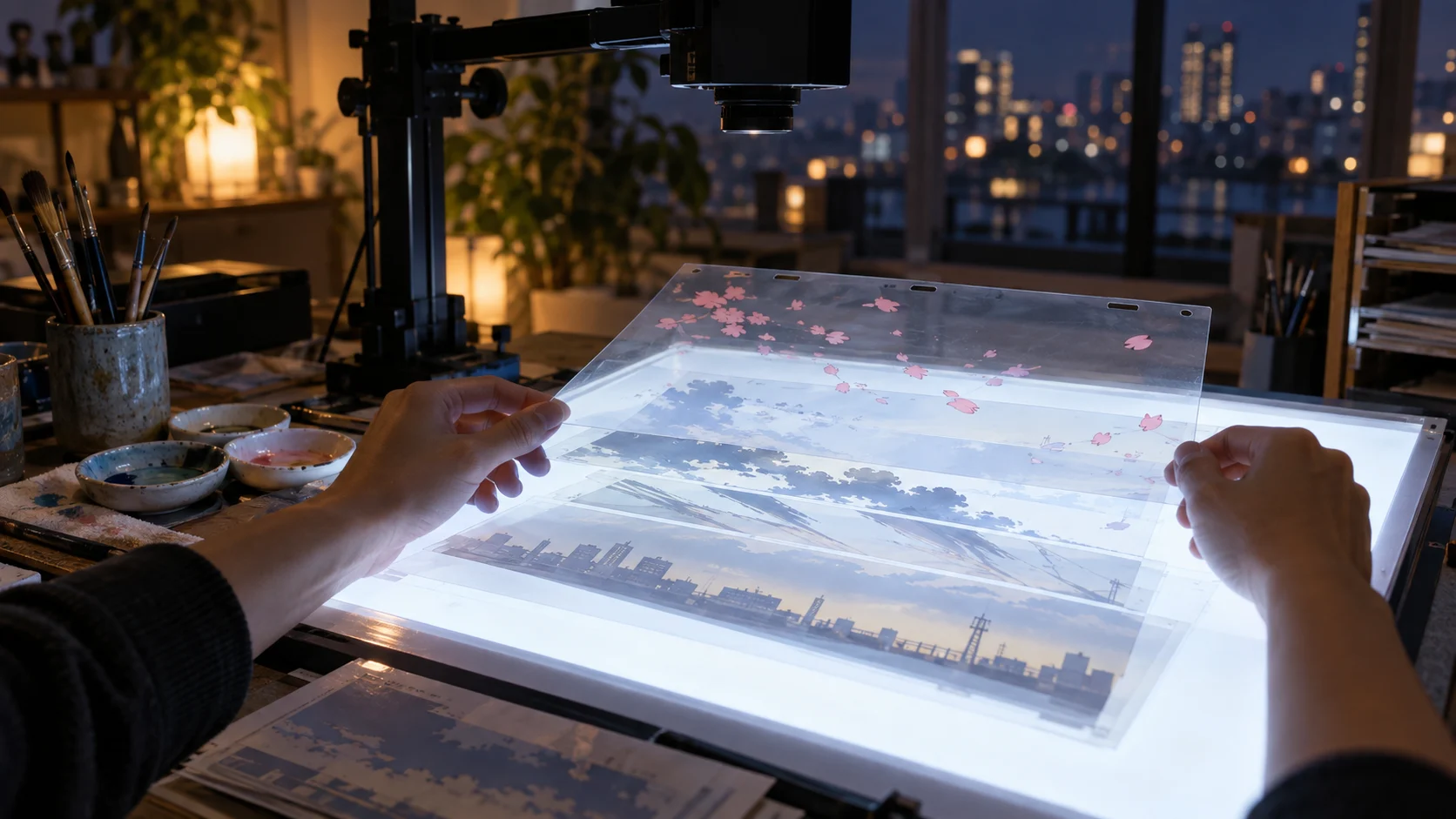 Hands aligning painted animation layers on a light table