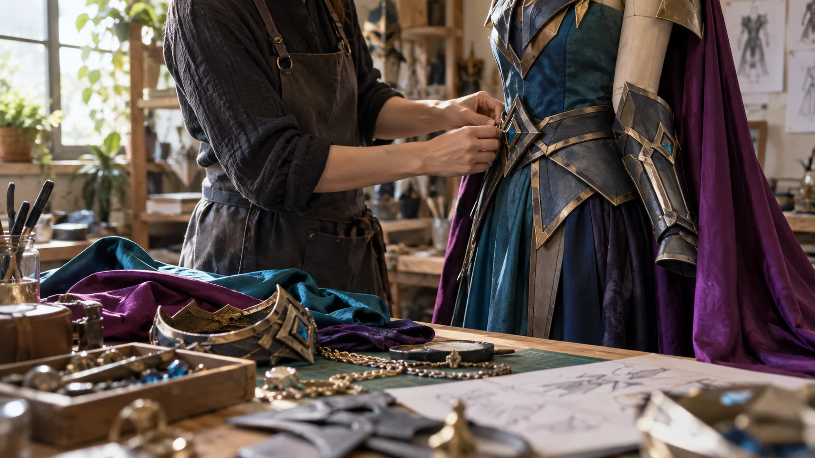 Costume maker assembling an original fantasy outfit