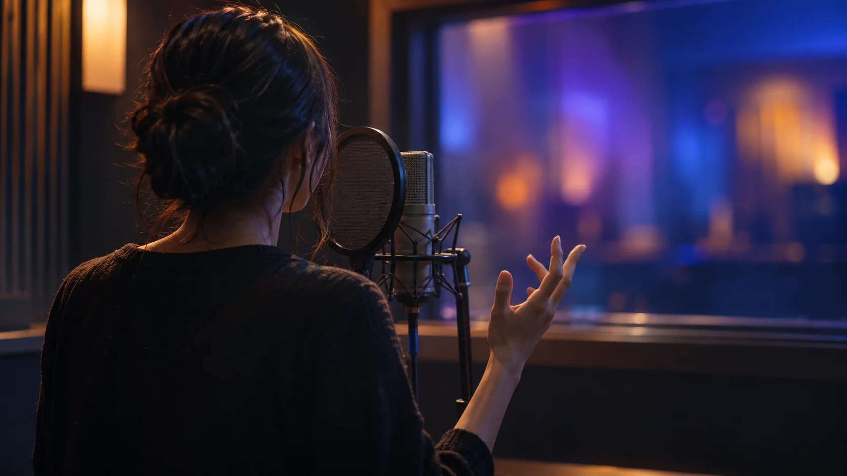 Voice performer recording in an unmarked studio