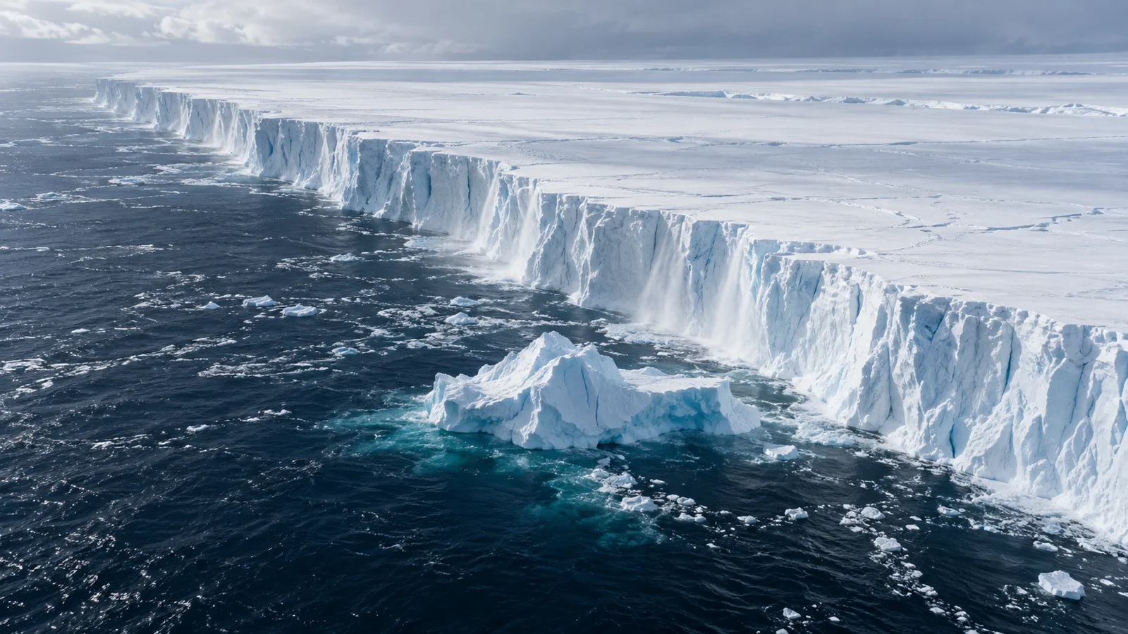 A newly calved blue iceberg floats beside a vast Antarctic ice shelf.