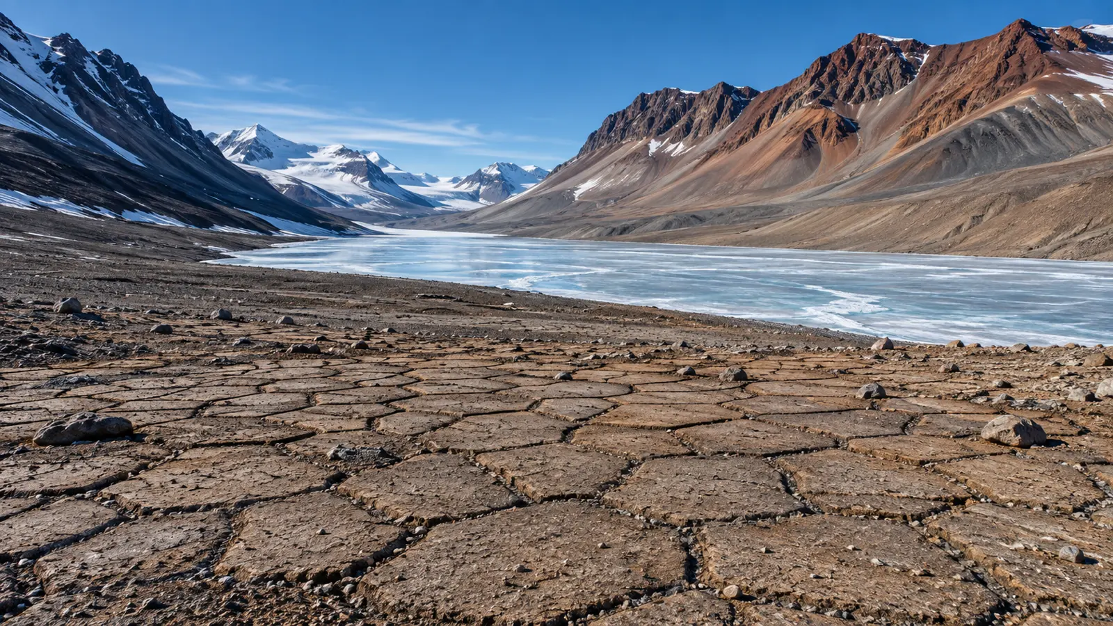Polygon ground and a frozen lake stretch across the Antarctic Dry Valleys.