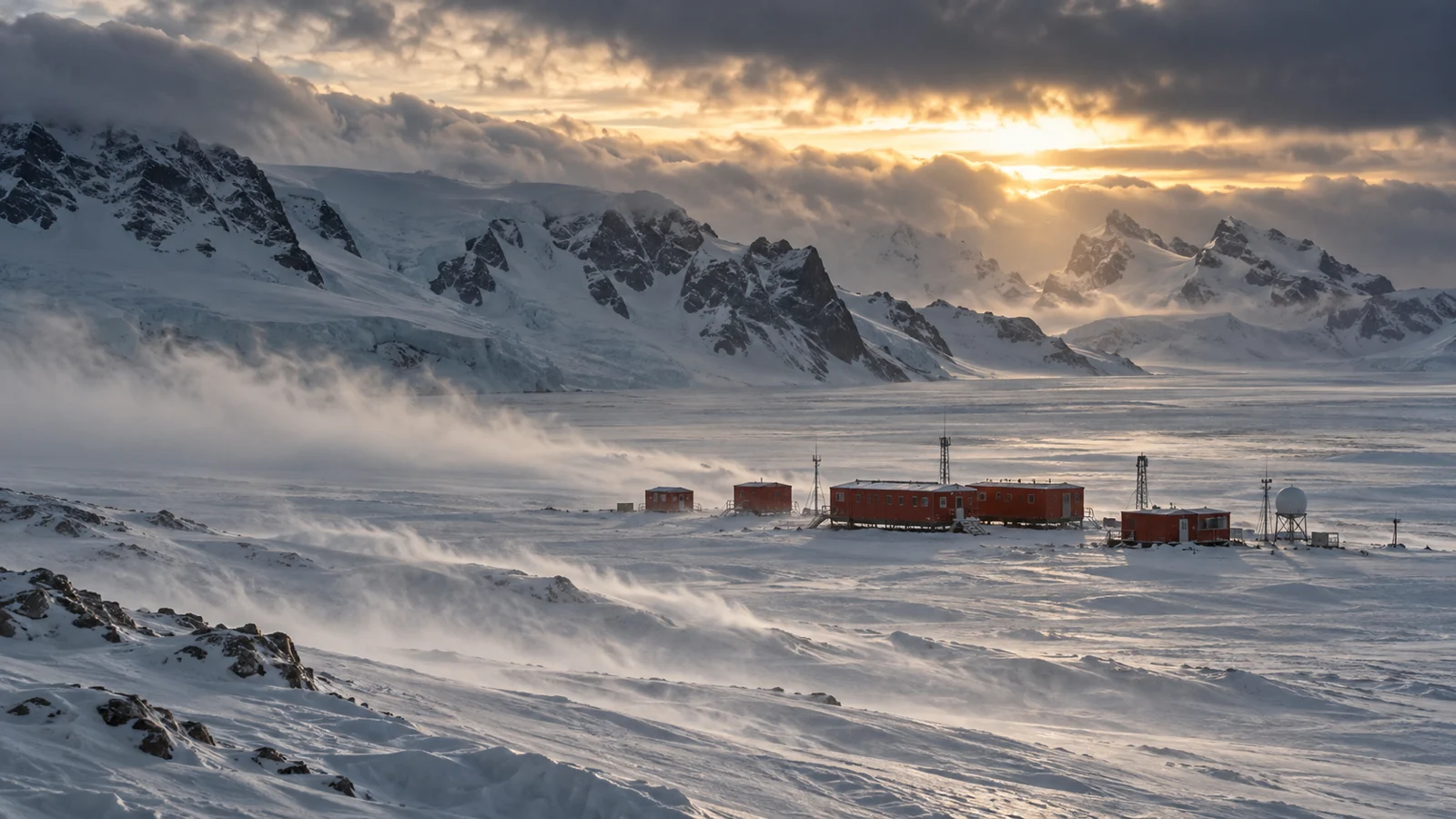 Windblown snow sweeps past a remote red Antarctic research station.