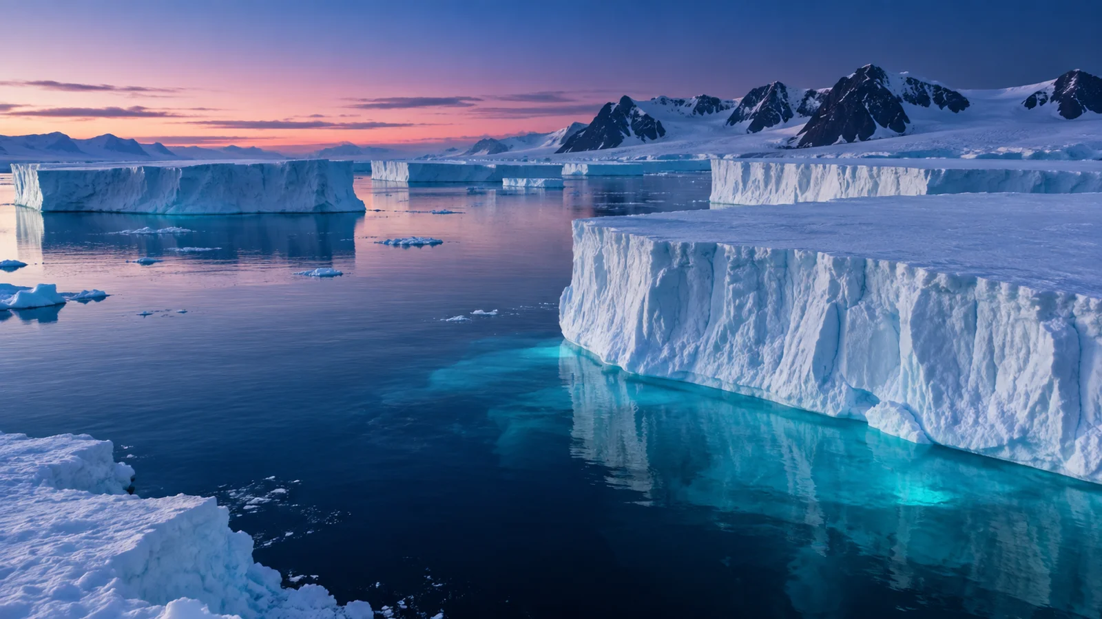 Tabular icebergs drift through a calm Antarctic channel at blue hour.