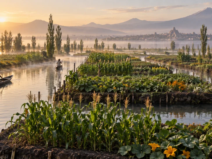 Maize and flowers grow on reconstructed chinampa fields divided by canals.