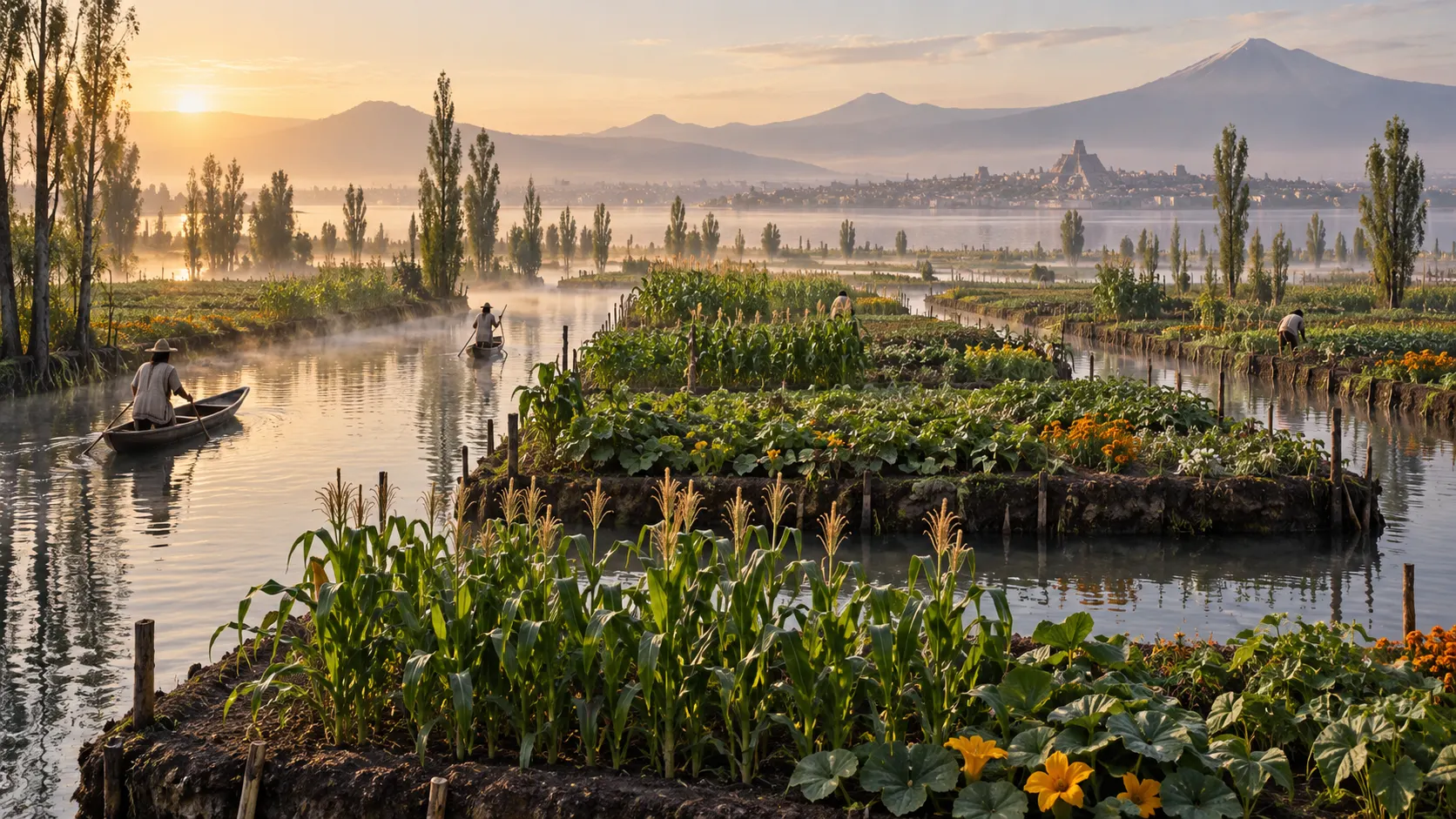 Maize and flowers grow on reconstructed chinampa fields divided by canals.