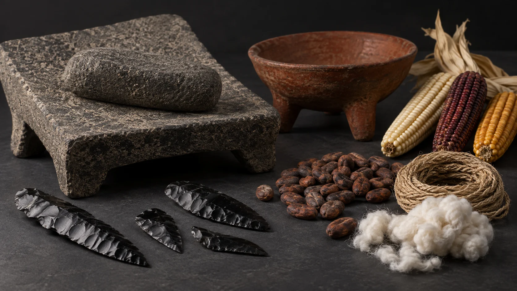 A grinding stone, obsidian tools, pottery, maize, cacao, fiber, and cotton form a museum still life.