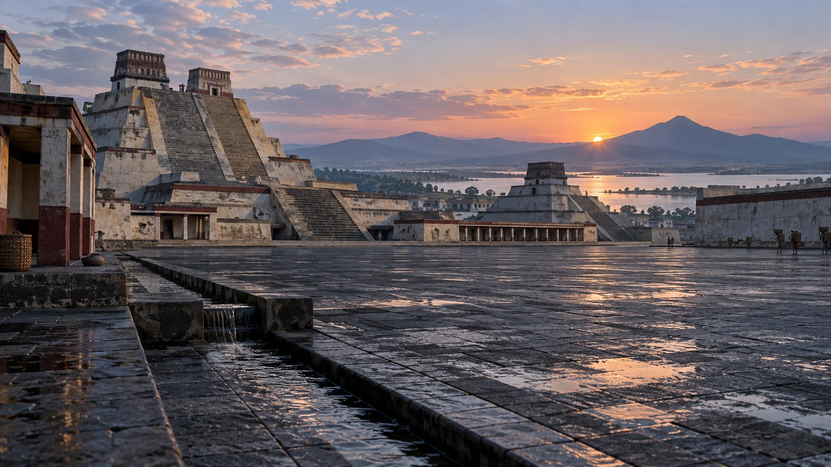 Dawn illuminates a reconstructed Mexica plaza and stepped temple platforms.