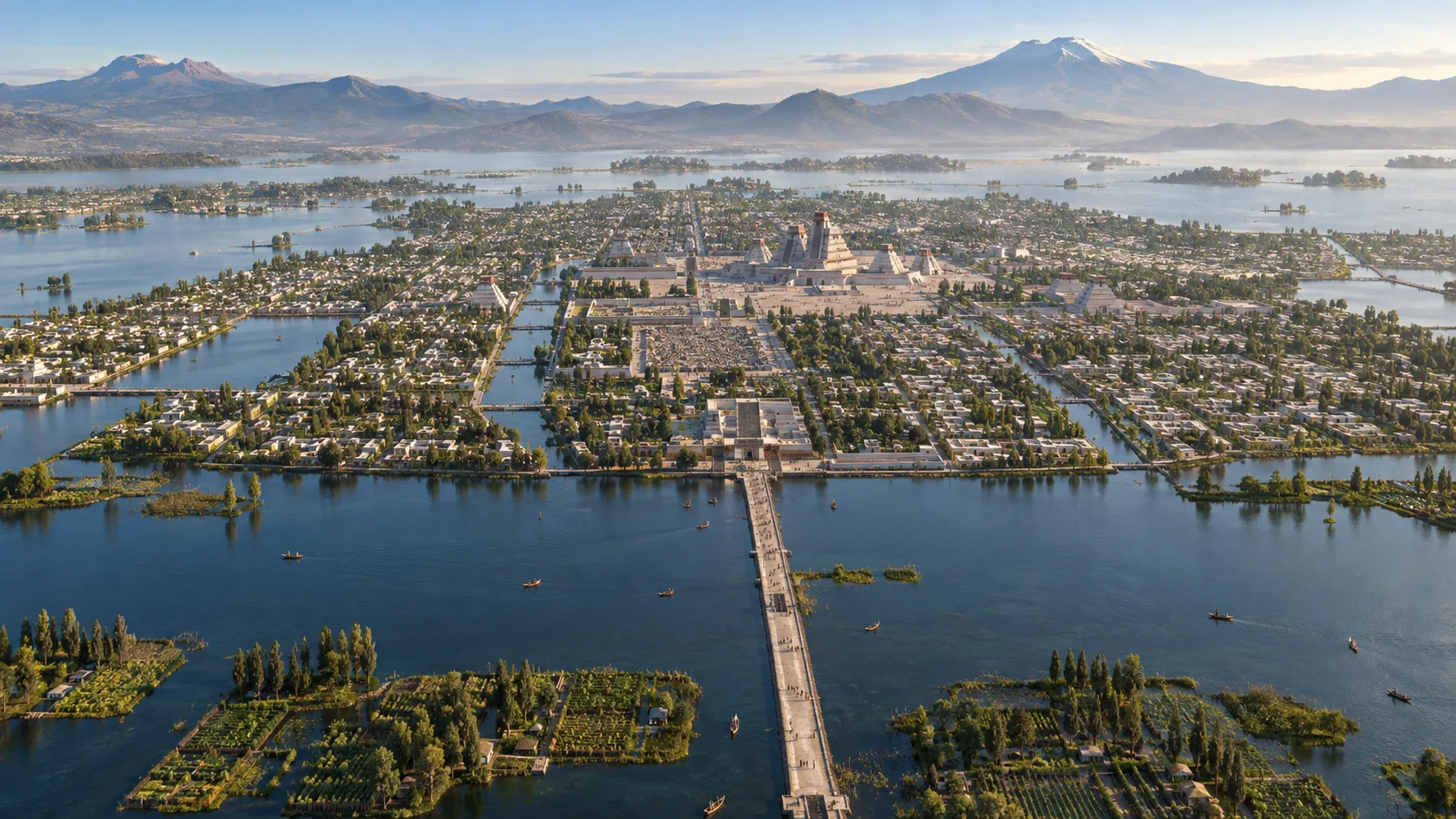 A reconstructed aerial view shows Tenochtitlan's canals, causeways, and lake setting.