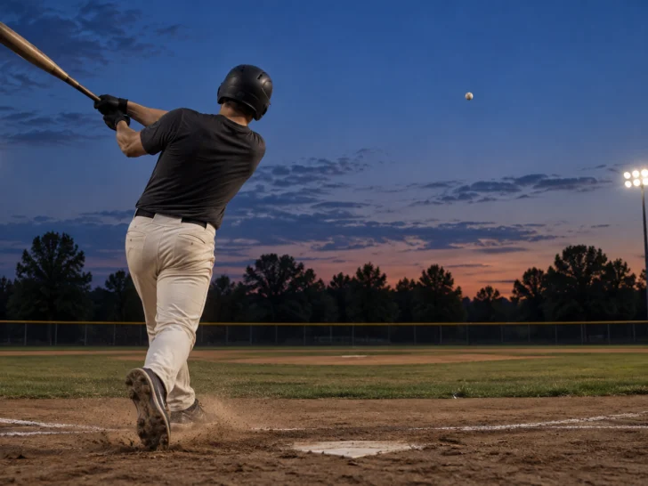 Anonymous batter completing a swing at blue hour