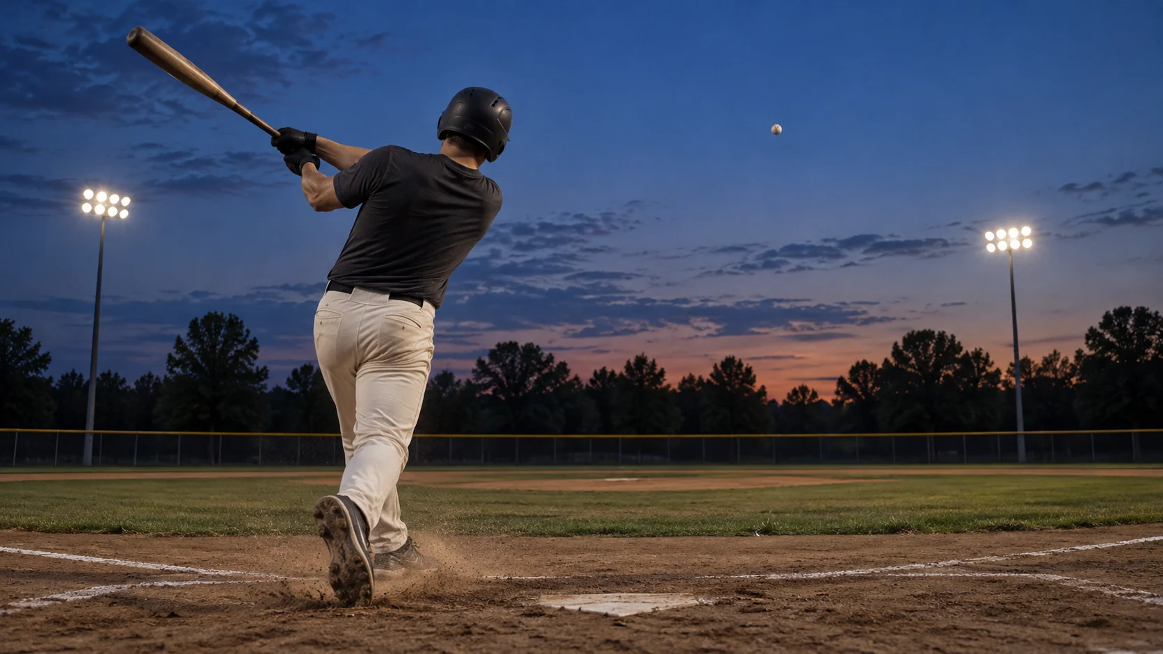 Anonymous batter completing a swing at blue hour