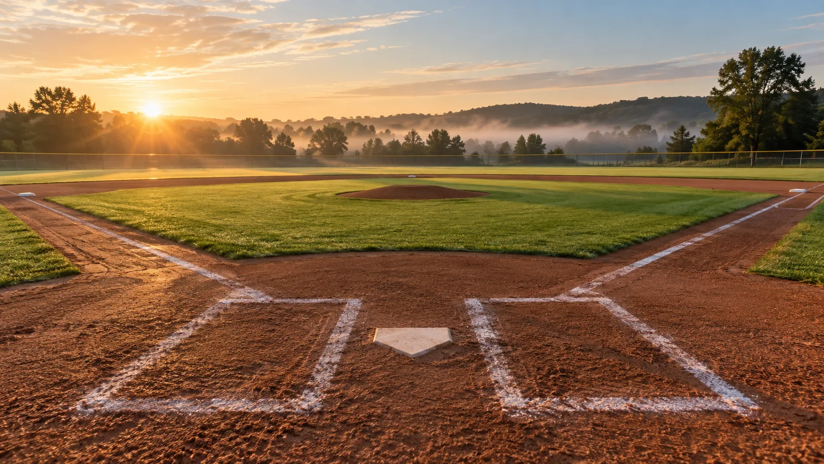 Empty baseball diamond in early morning light