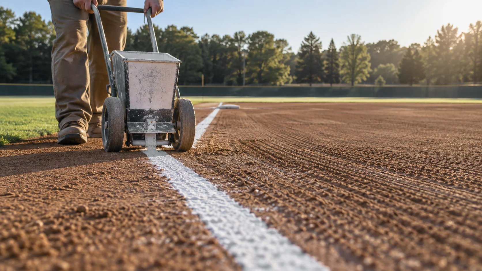 Groundskeeper chalking a baseball foul line