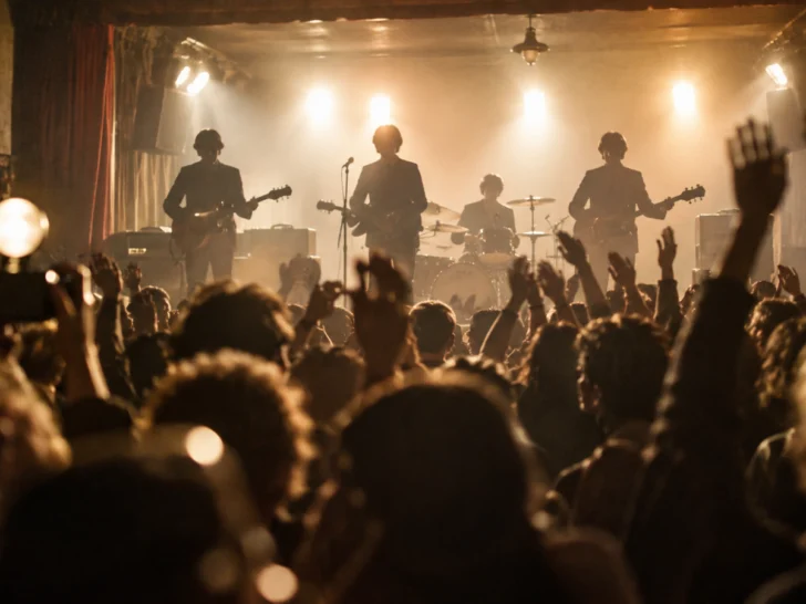 Anonymous four-piece band silhouetted on a lively 1960s dance-hall stage