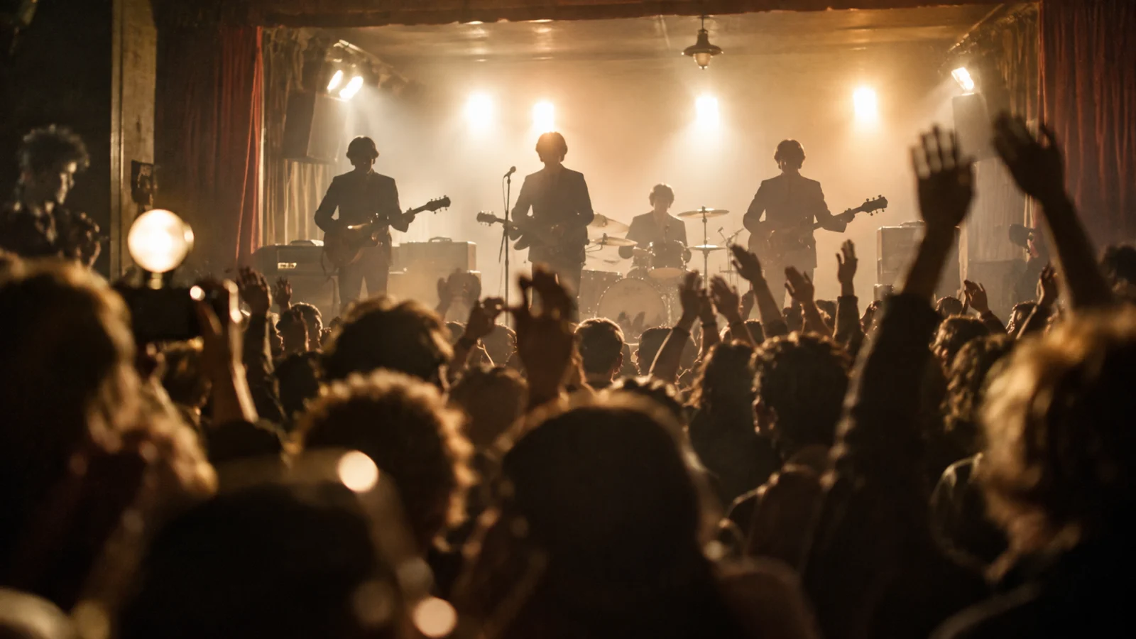 Anonymous four-piece band silhouetted on a lively 1960s dance-hall stage