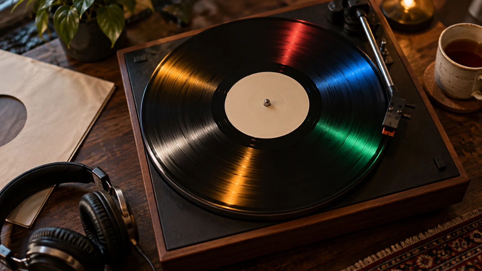 Blank vinyl record reflecting four colored lights on a vintage turntable