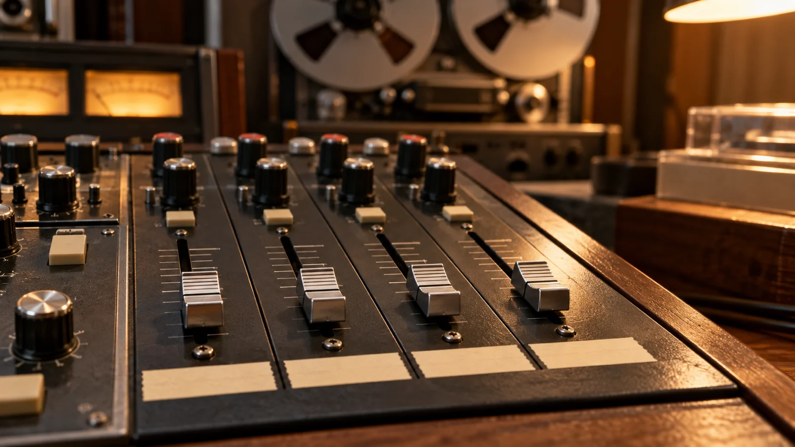 Four analog mixing-console faders beside reel-to-reel tape in warm studio light