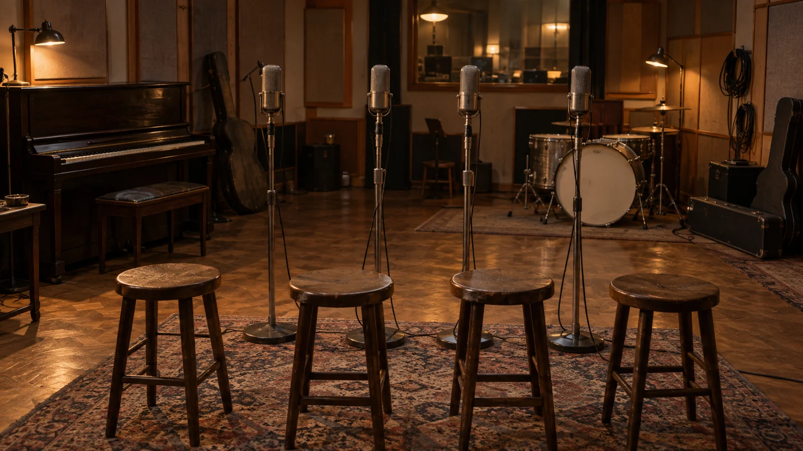 Four wooden stools and microphones in an empty vintage recording studio