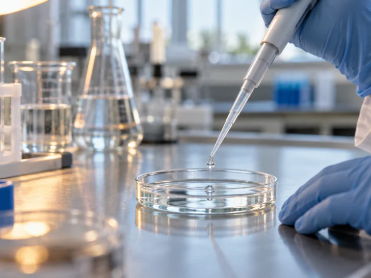 Gloved hand pipetting a droplet into a culture dish