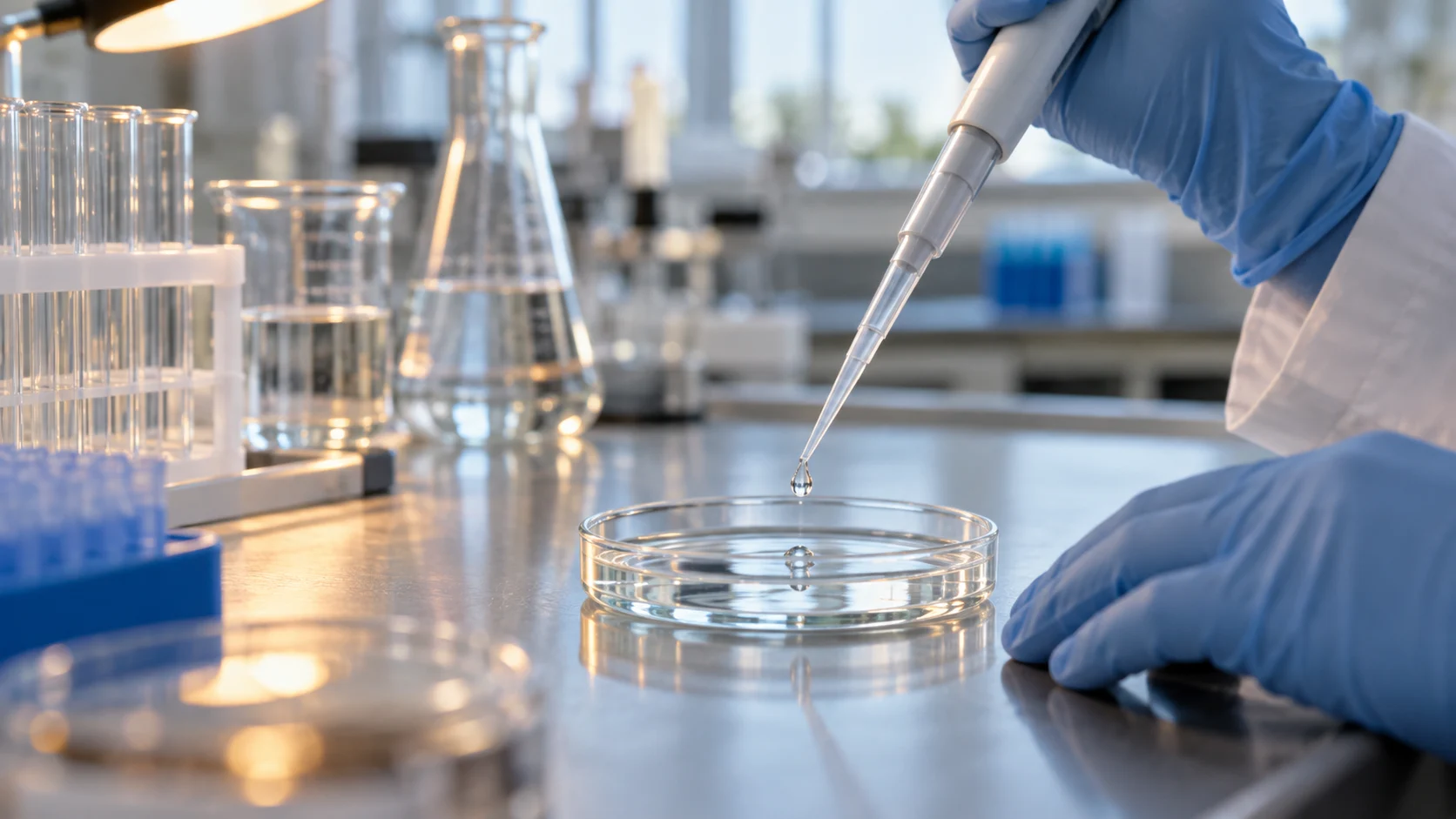 Gloved hand pipetting a droplet into a culture dish
