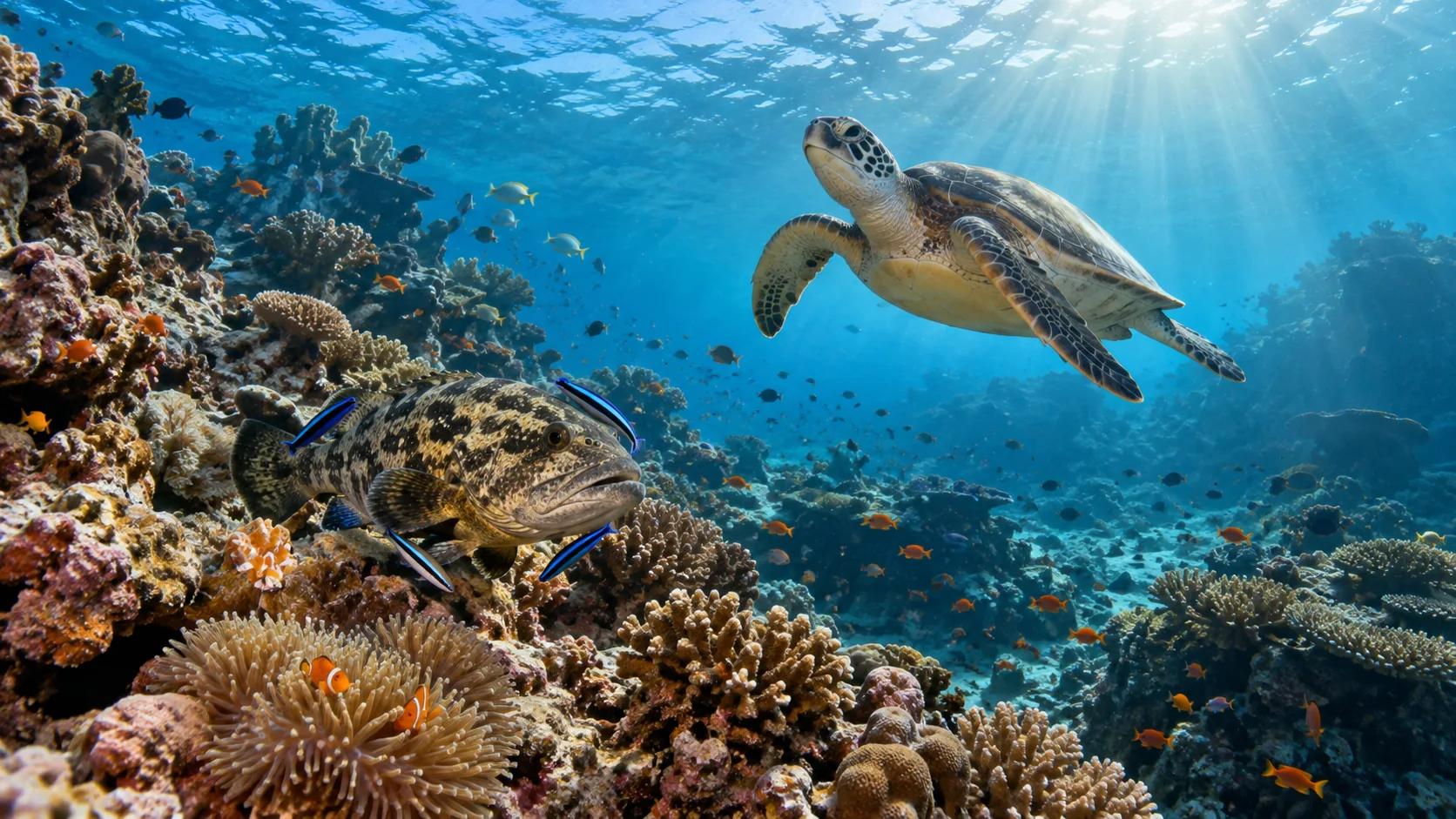 Sea turtle and reef fish in a coral ecosystem