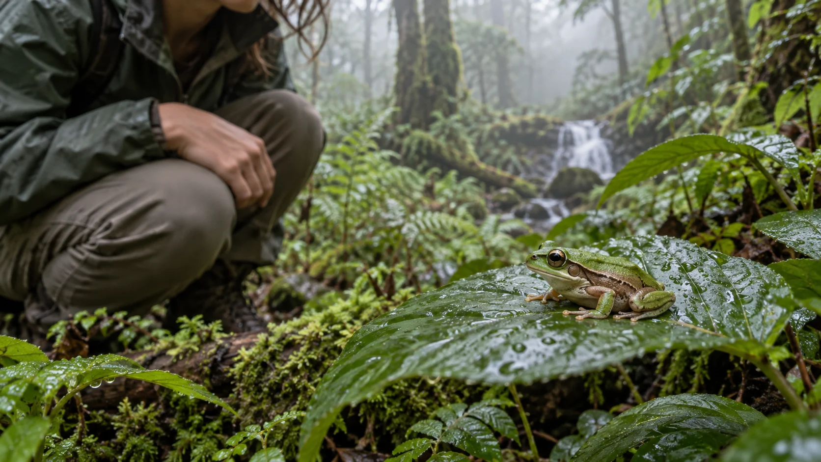 Field biologist observing a tree frog on a wet leaf