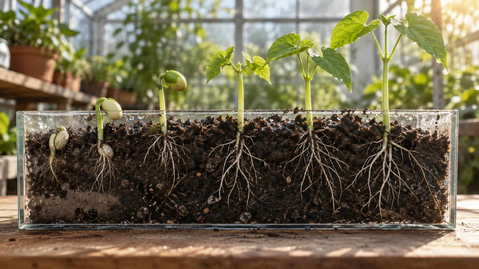 Bean seedlings showing leaves and developing roots