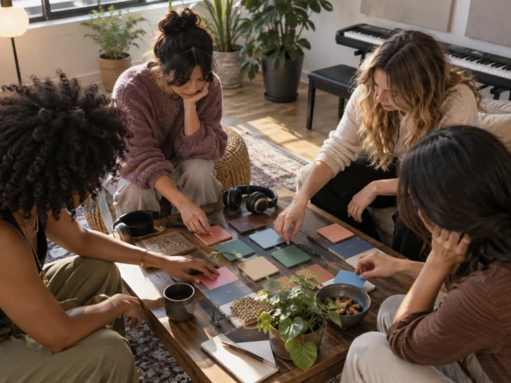 Four anonymous musicians planning music around a low table