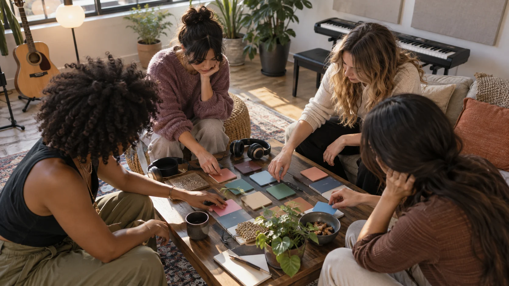 Four anonymous musicians planning music around a low table
