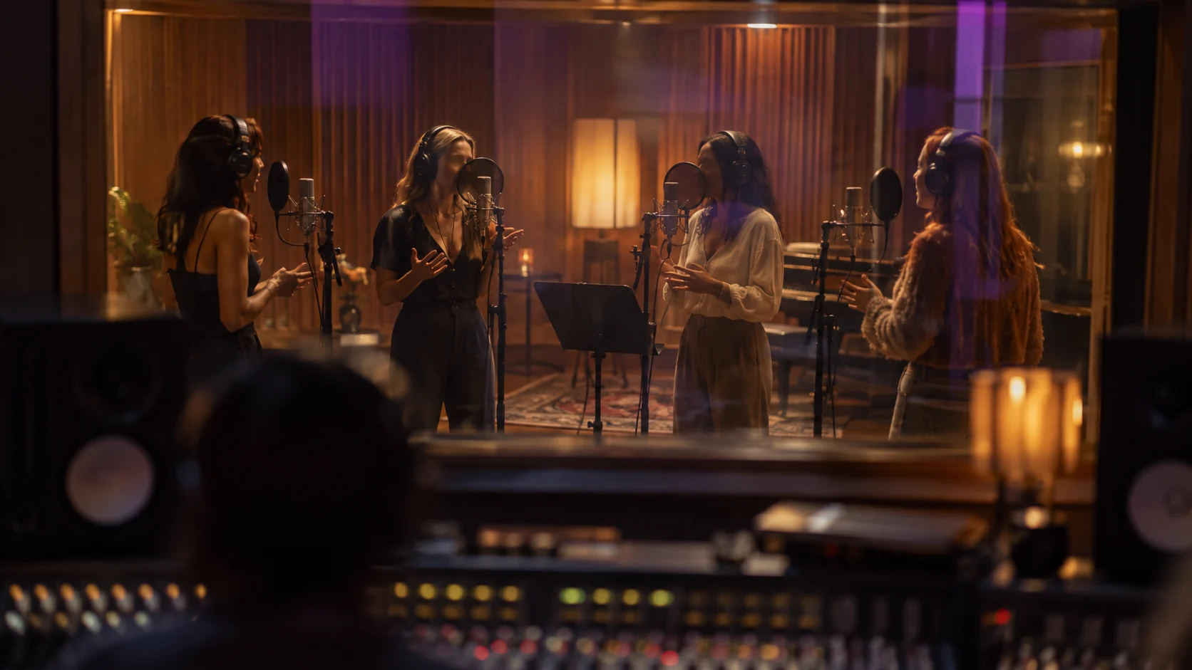 Four anonymous vocalists recording together in a studio