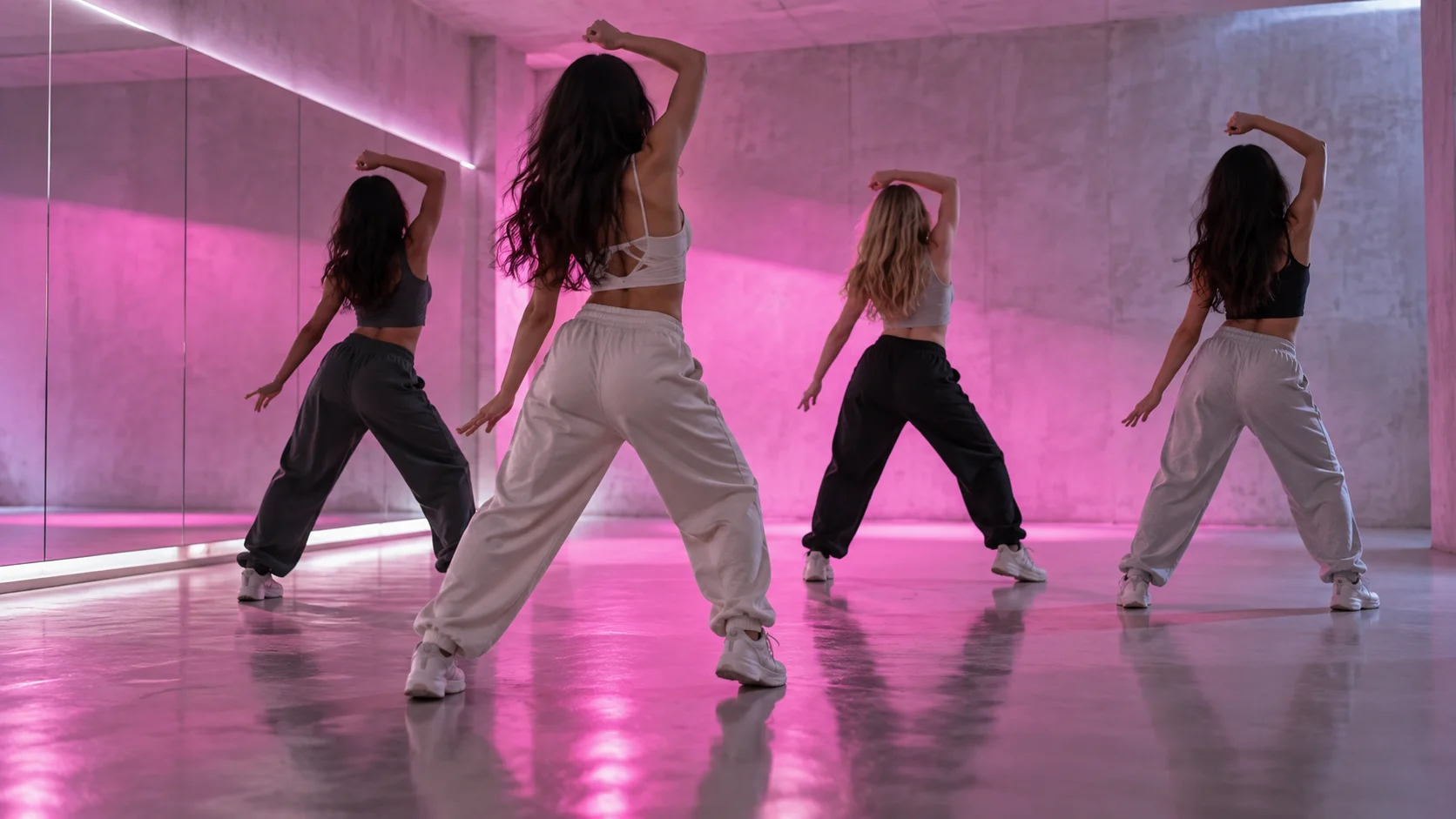 Four anonymous dancers rehearsing in magenta light