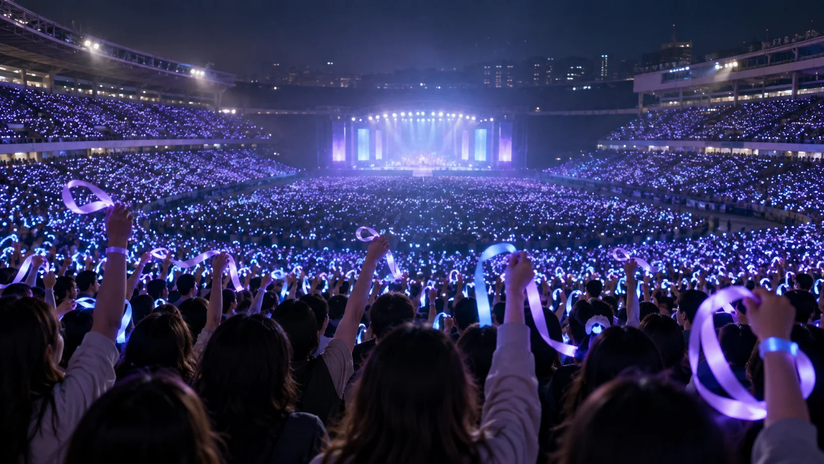 Glowing-ribbon stadium crowd for 120 BTS trivia