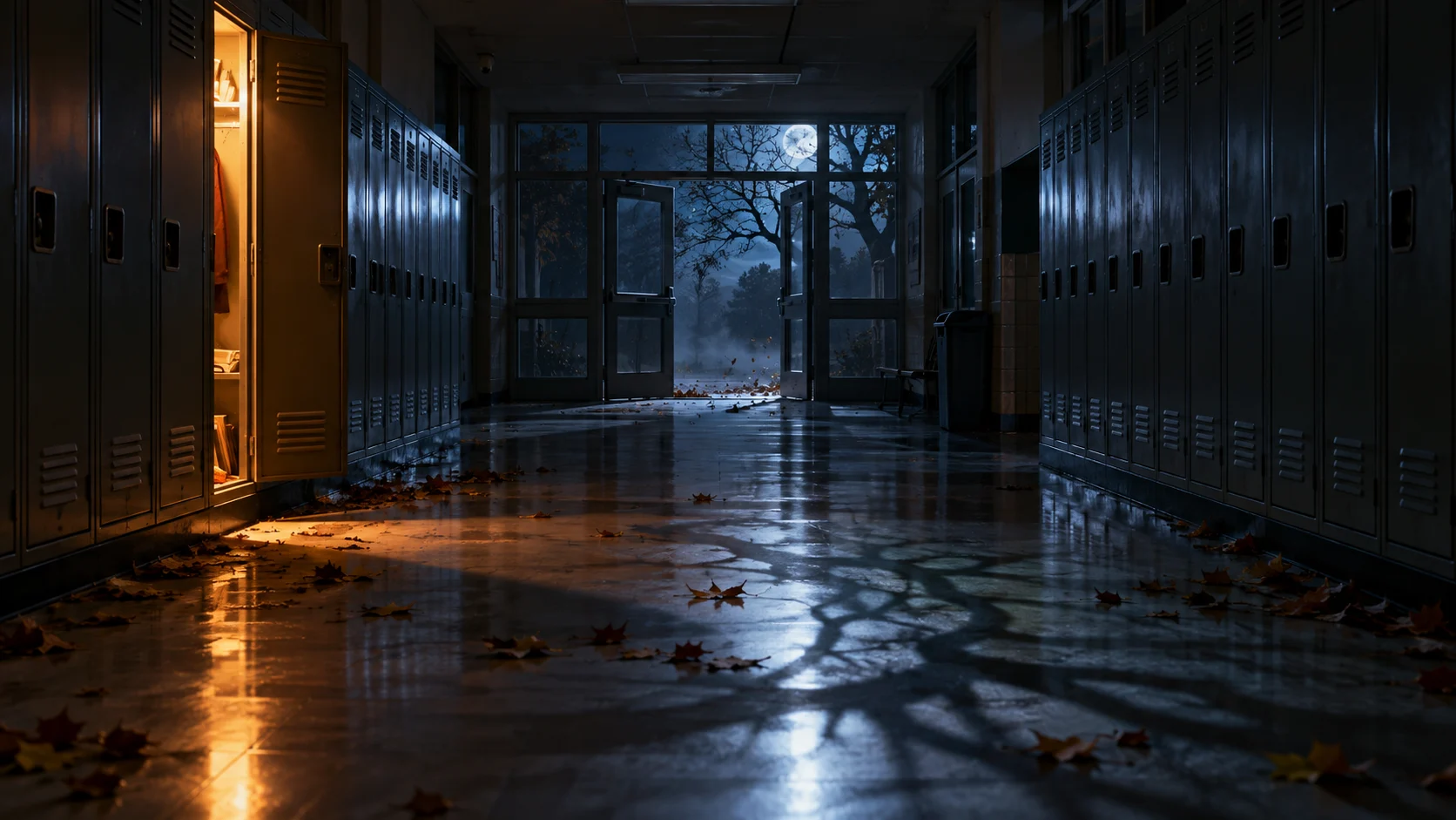 Moonlit high school hallway