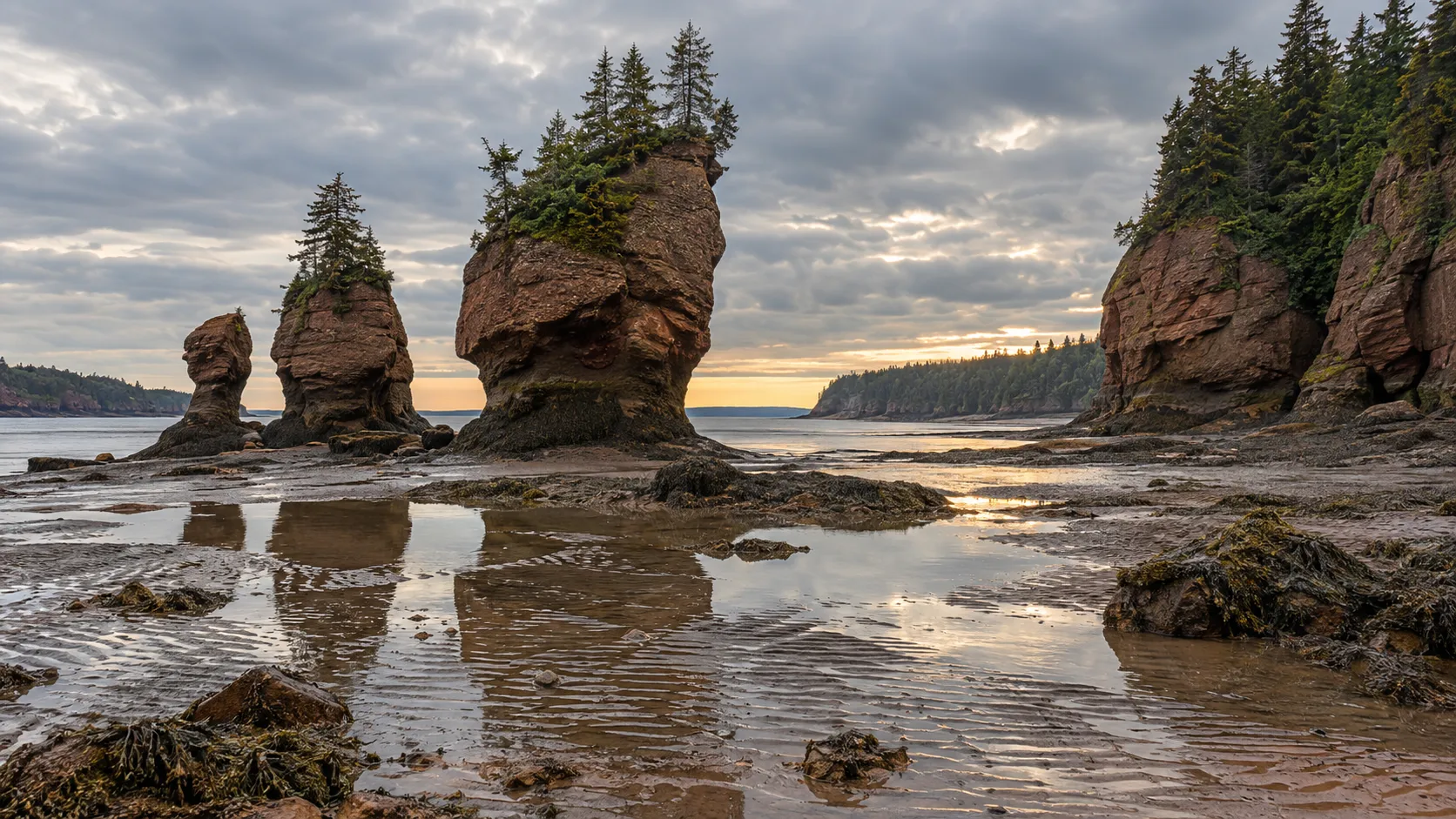 Red sea stacks rise above tidal pools at the Bay of Fundy in New Brunswick.