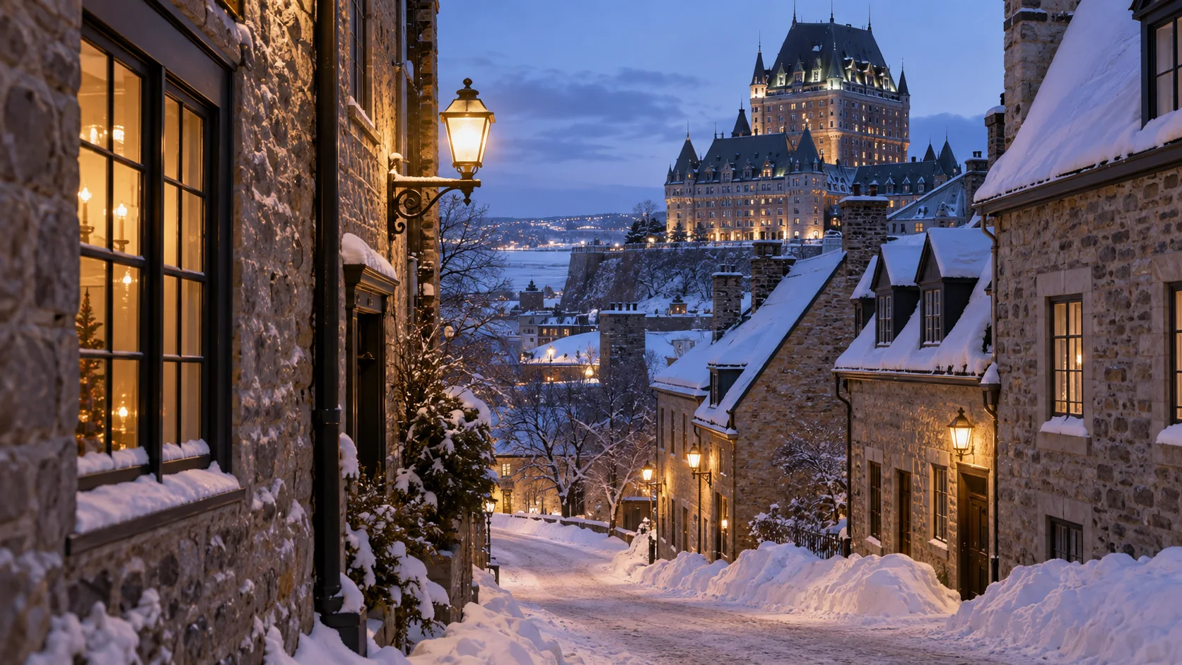 Snowy stone buildings frame Ch&acirc;teau Frontenac at winter twilight in Quebec City.