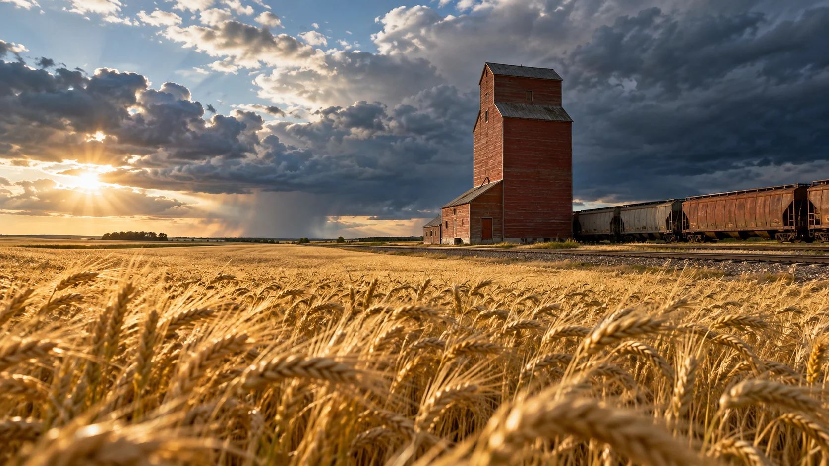 Golden Saskatchewan wheat surrounds a blank wooden grain elevator beneath storm clouds.