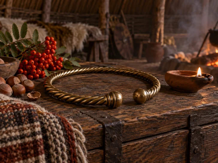 Bronze torc, hazelnuts, rowan berries, and wool inside an Iron Age roundhouse