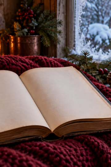 A blank antique book rests in a warm reading nook beside a snowy window.