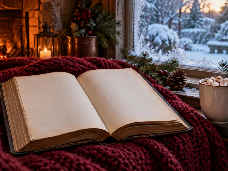 A blank antique book rests in a warm reading nook beside a snowy window.