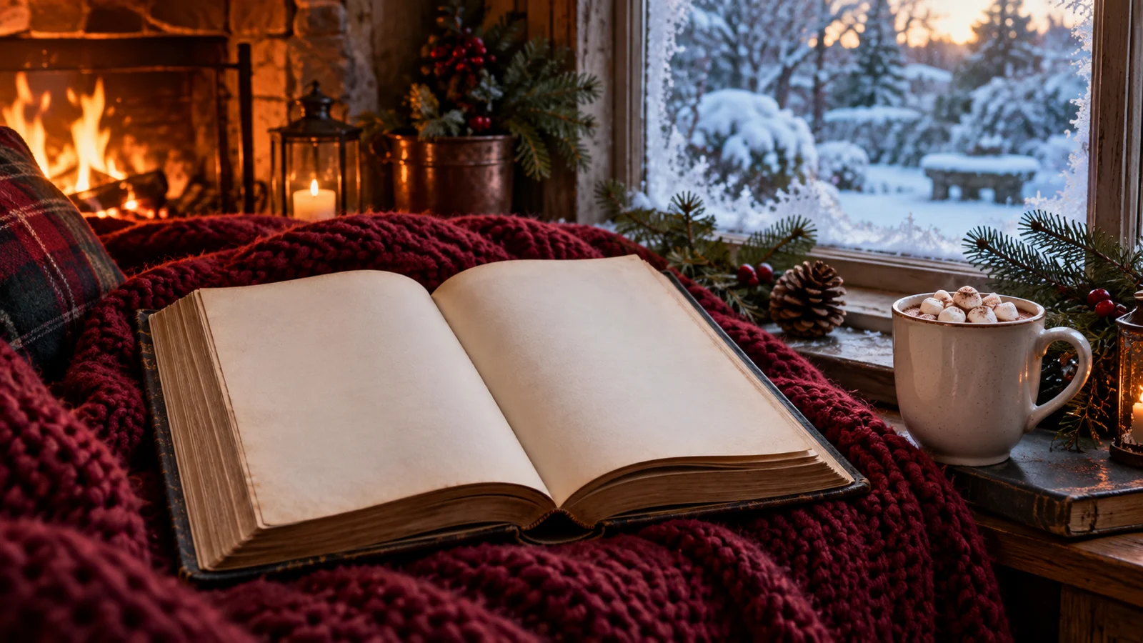 A blank antique book rests in a warm reading nook beside a snowy window.