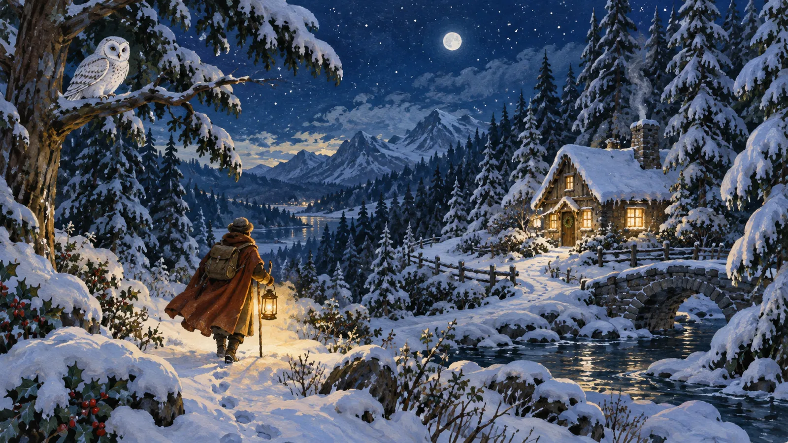 A lantern-bearing traveler approaches a snowy cottage beneath a watching owl.